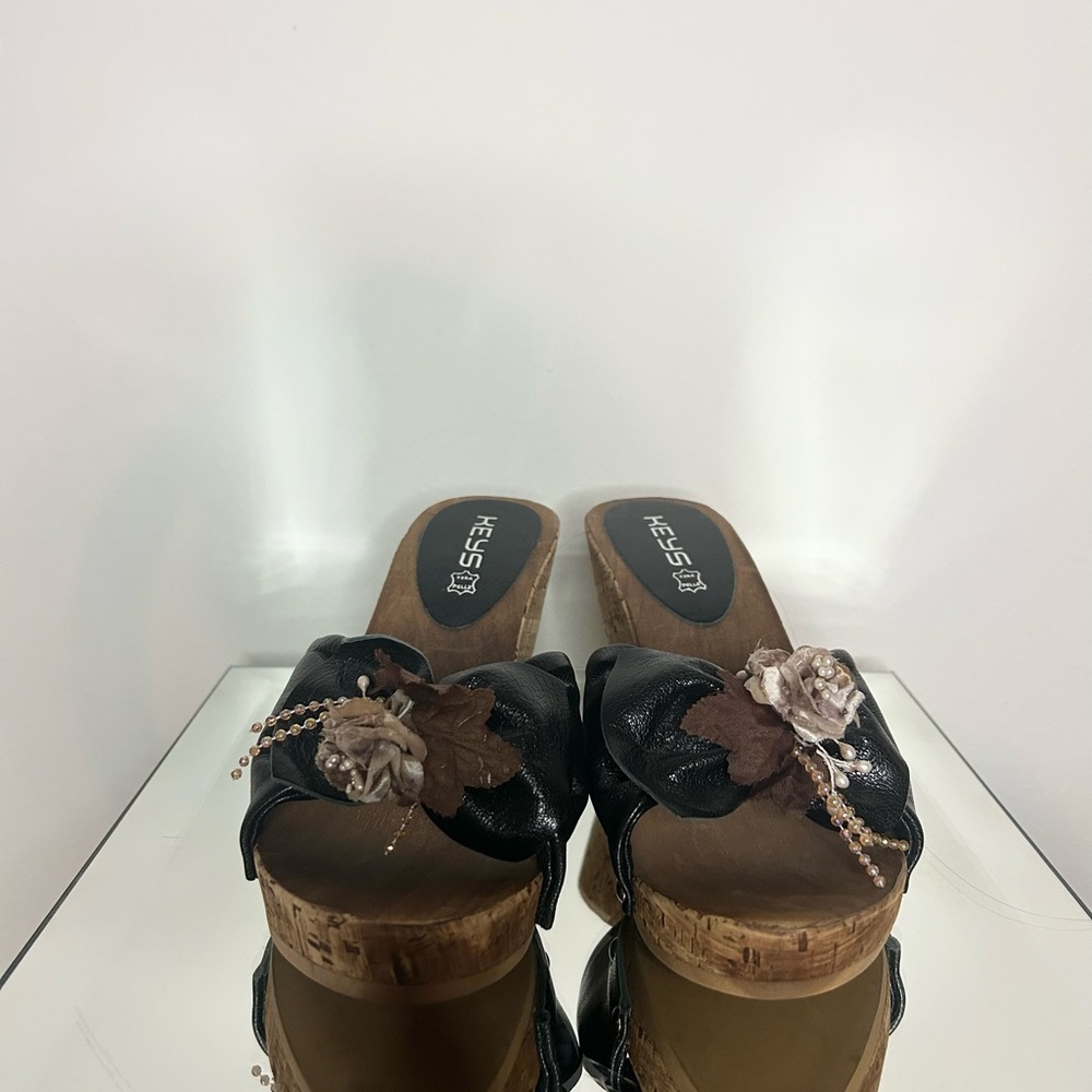 KEYS Leather With Floral and Beaded Embellishments and Wooden Chunky Wedge